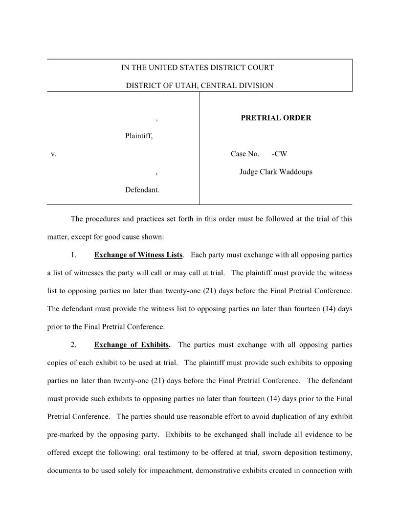 (Stock Civil) Pretrial Order (Bench - Judge Waddoups) {SCPOB_JW} | Pdf Fpdf Docx | Utah