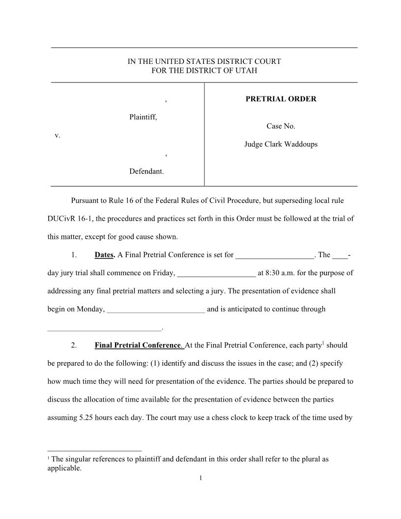 (Stock Civil) Pretrial Order (Jury - Judge Waddoups) {SCPOJ_JW} | Pdf Fpdf Docx | Utah