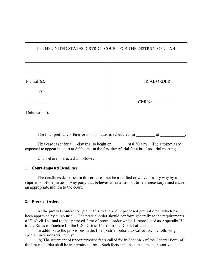 (Stock Civil) Trial Order (Judge Stewart) {SCTO-JSt} | Pdf Fpdf Docx | Utah