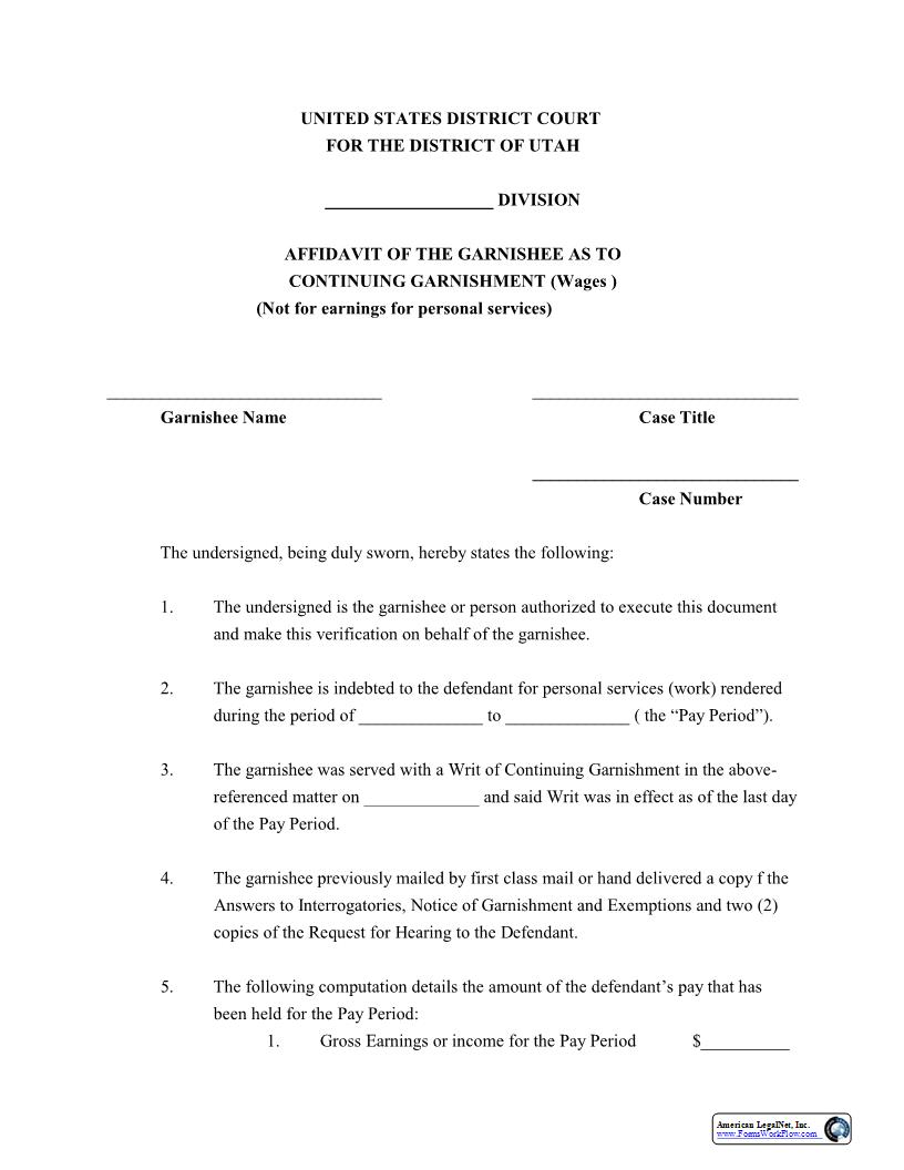 Affidavit Of Garnishee As To Continuing Garnishment (Wages) | Pdf Fpdf Docx | Utah