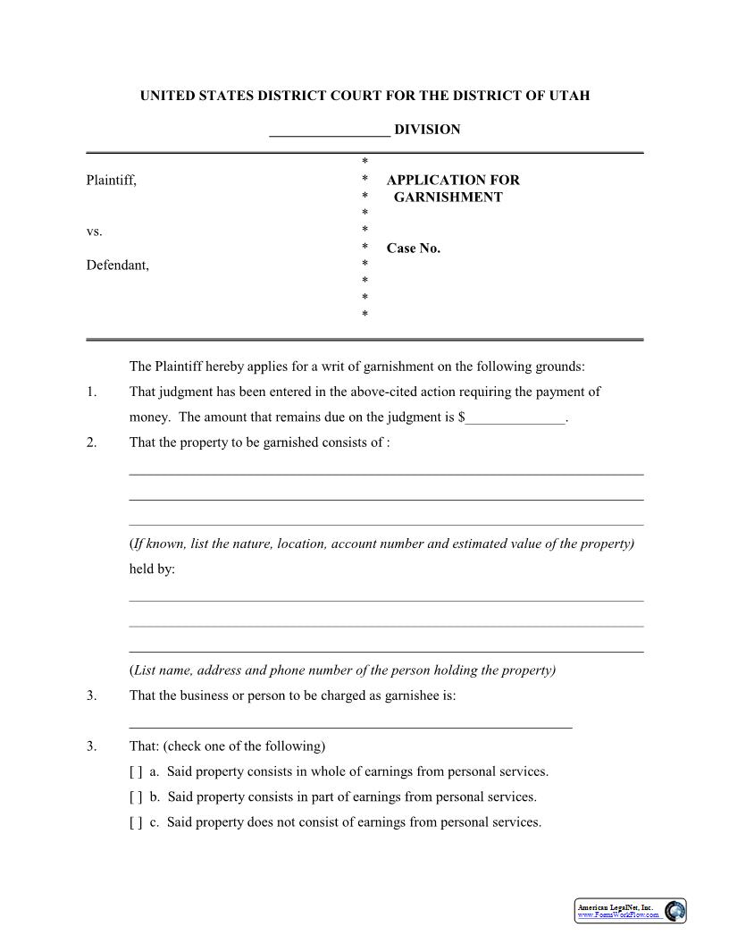 Application For (Writ Of) Garnishment | Pdf Fpdf Docx | Utah