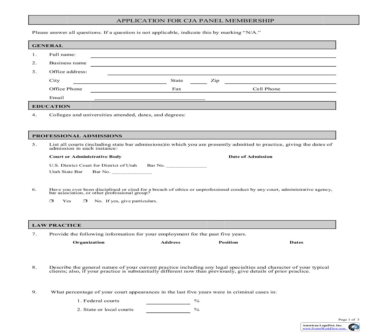 Application For CJA Panel Membership | Pdf Fpdf Doc Docx | Utah