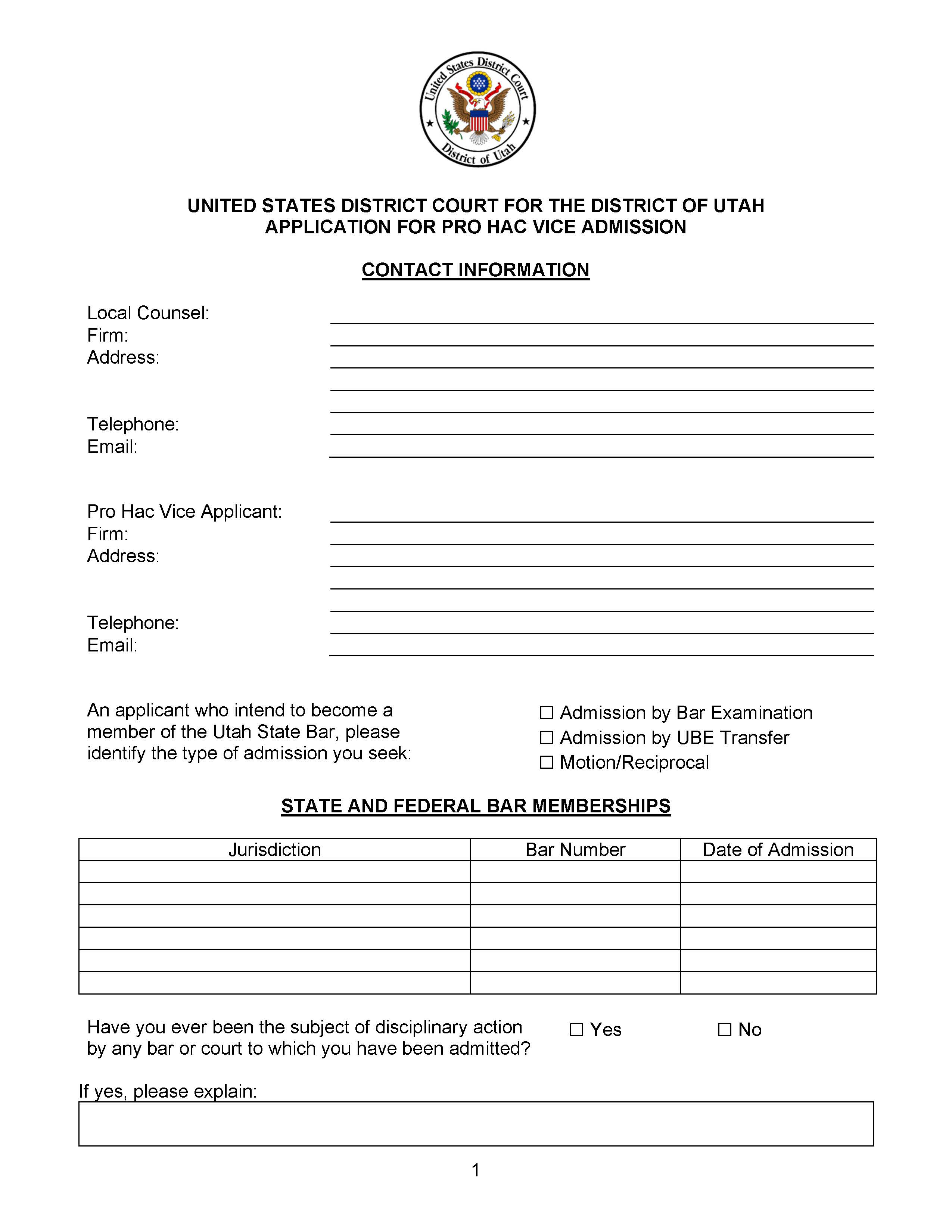 Application For Pro Hac Vice Admission Contact Information {APPHVACI} | Pdf Fpdf Docx | Utah