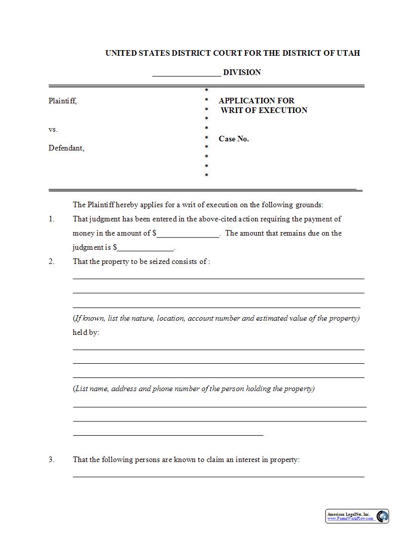 Application For Writ Of Execution | Pdf Fpdf Docx | Utah