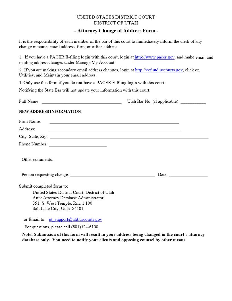Attorney Change of Address Form | Pdf Fpdf Doc Docx | Utah
