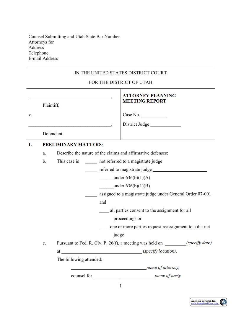 Attorney Planning Meeting Report {UTD APMR} | Pdf Fpdf Docx | Utah