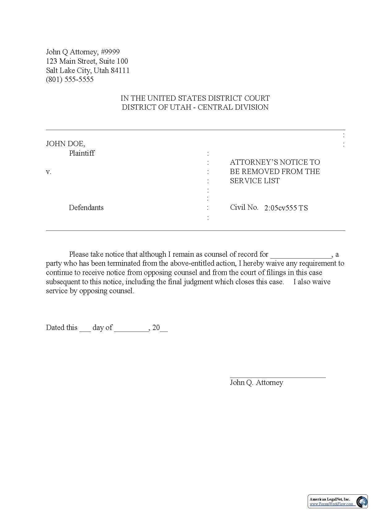 Attorneys Notice To Be Removed From Service List | Pdf Fpdf Docx | Utah