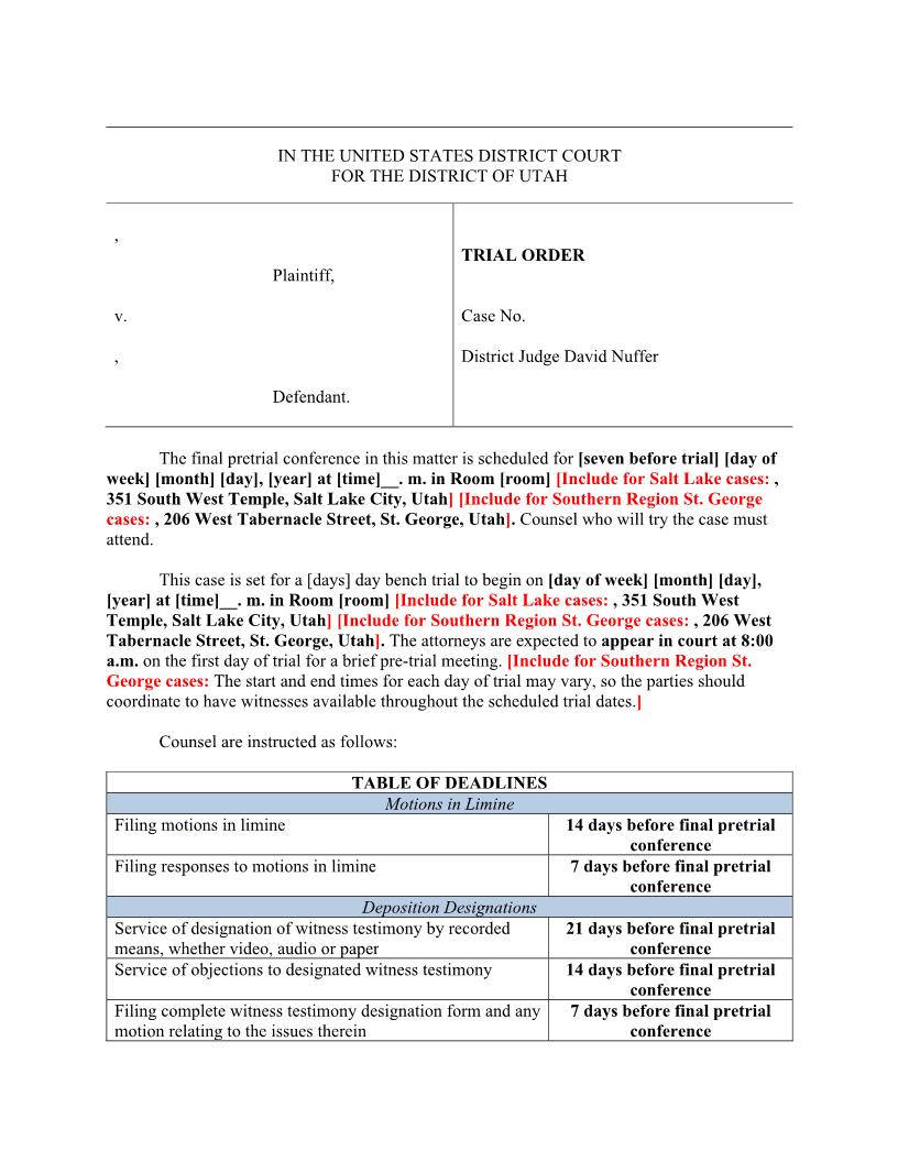 Bench Civil Trial Order (Judge Nuffer) {BCTO-JN} | Pdf Fpdf Docx | Utah