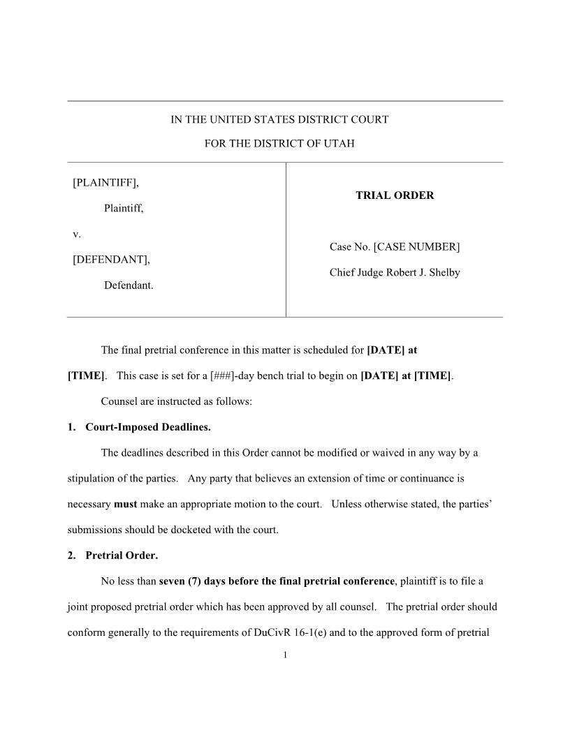 Bench Trial Order (Judge Shelby) {BTO-JS} | Pdf Fpdf Docx | Utah