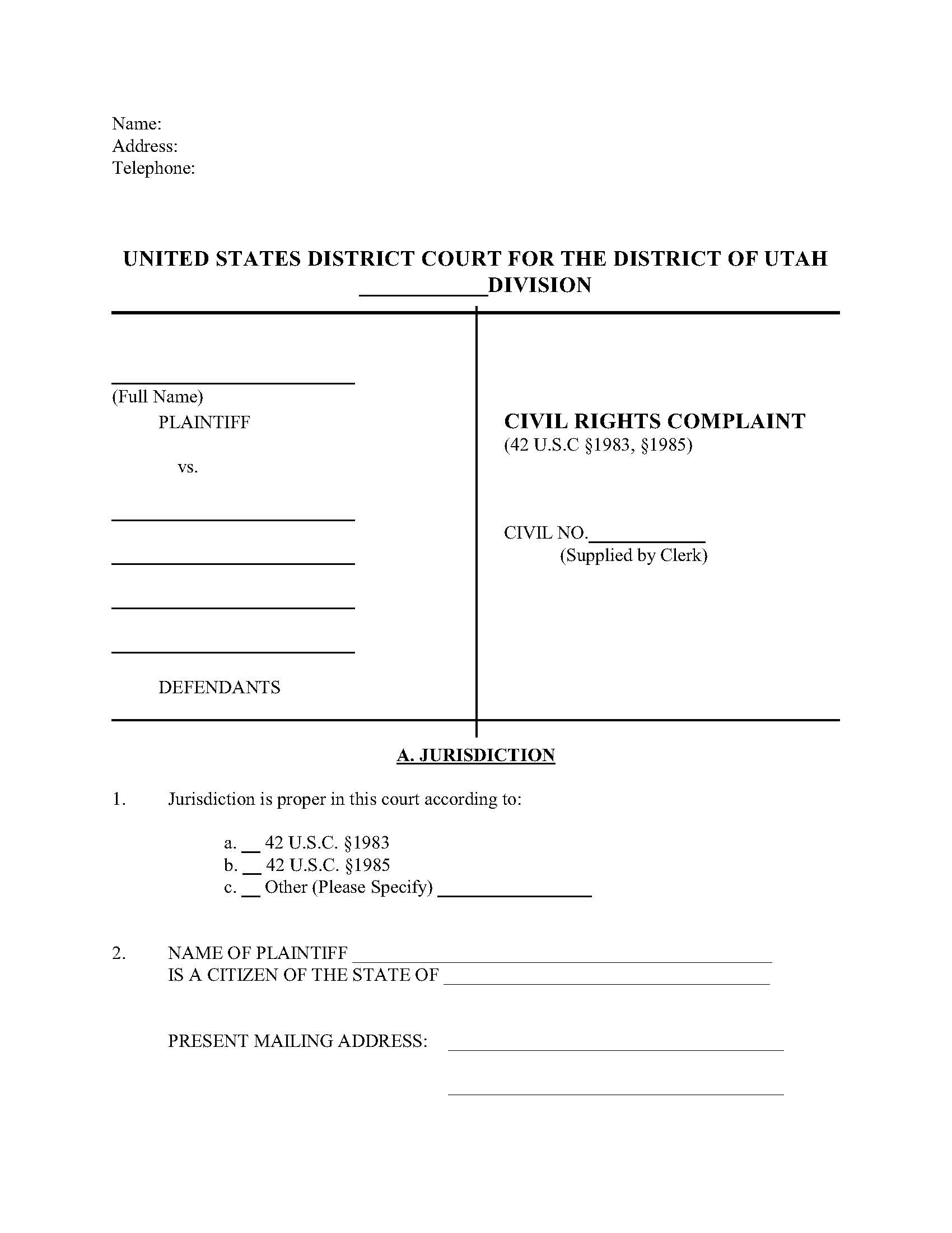 Civil Rights Complaint | Pdf Fpdf Doc Docx | Utah