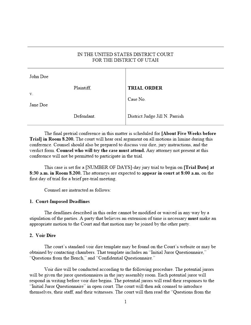 Civil Trial Order (Judge Parrish) {CTO-JP} | Pdf Fpdf Docx | Utah