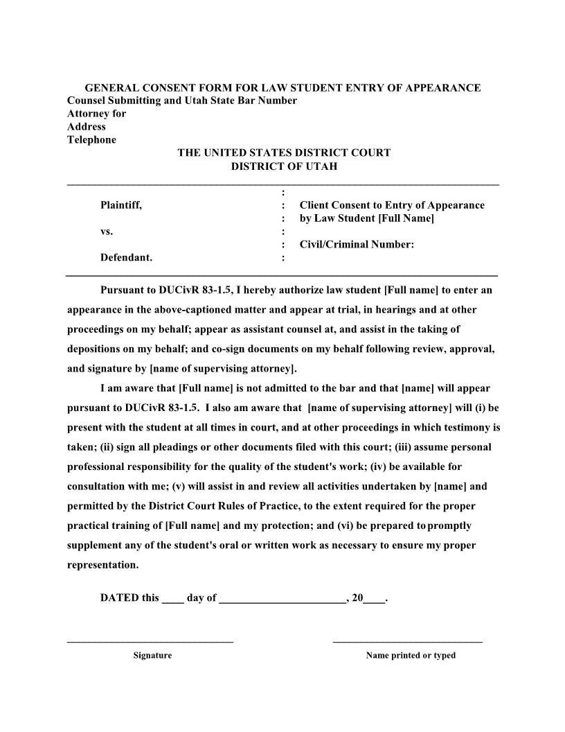 Client Consent To Entry Of Appearance By Law Student {CCEALS} | Pdf Fpdf Docx | Utah
