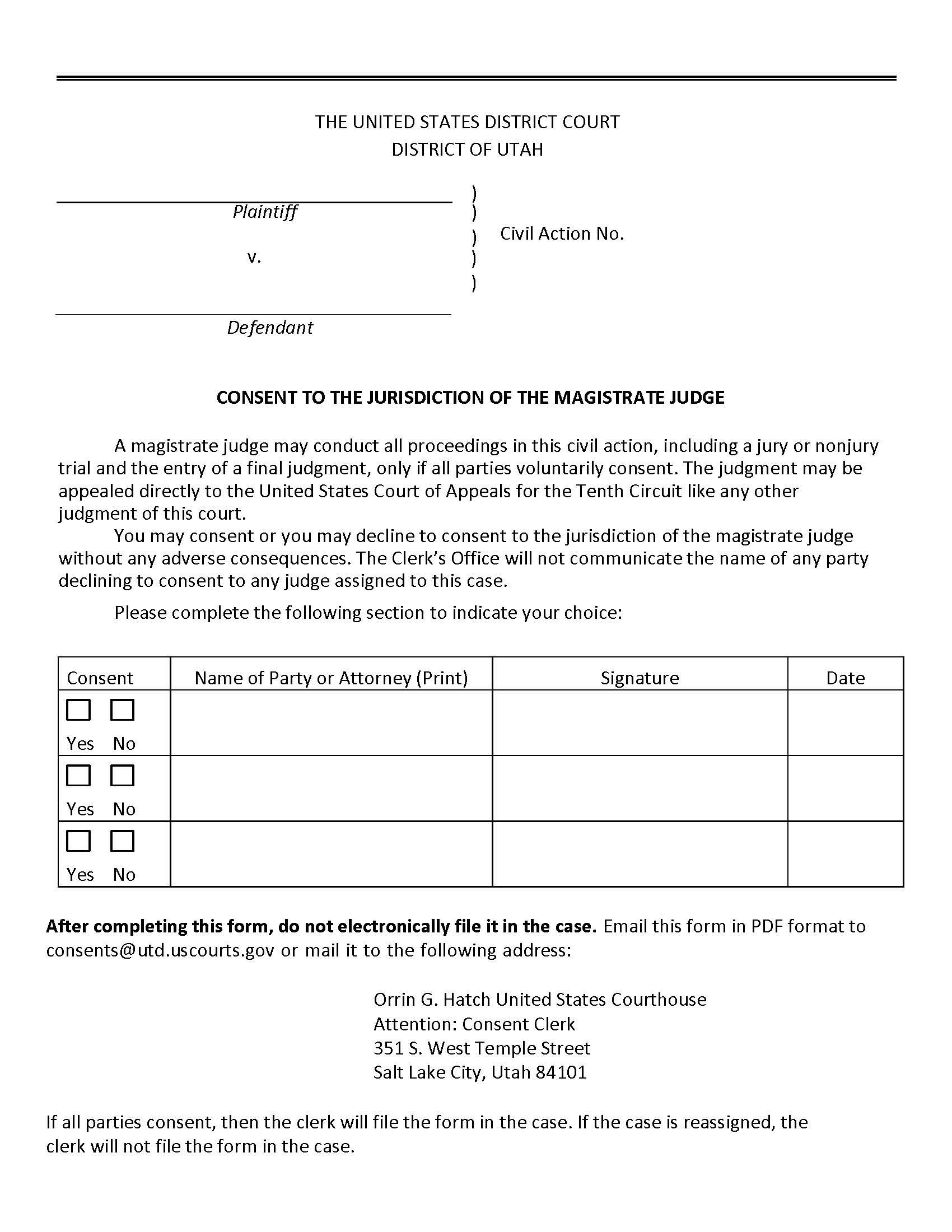 Consent To The Jurisdiction Of The Magistrate Judge {UTD CJMJ} | Pdf Fpdf Docx | Utah