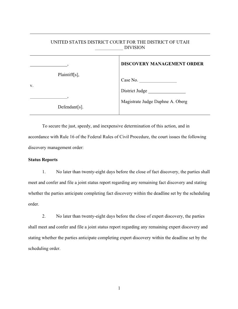 Discovery Management Order (Mag. Judge Oberg) {DMO-DAO} | Pdf Fpdf Docx | Utah