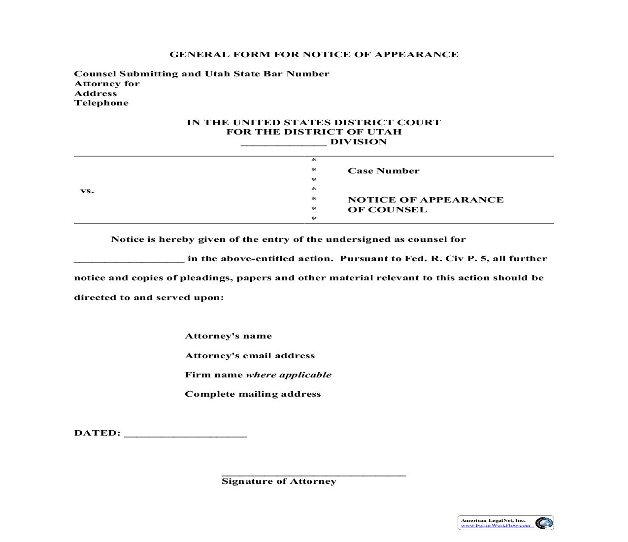 General Form For Notice Of Appearance | Pdf Fpdf Doc Docx | Utah