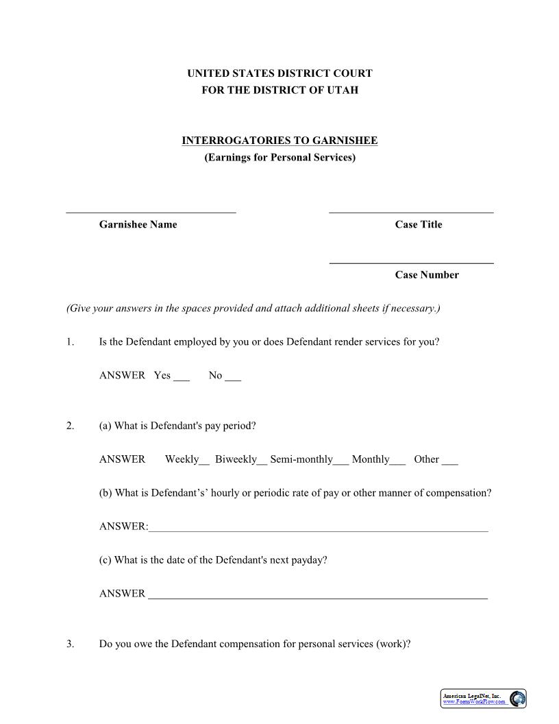 Interrogatories to Garnishee | Pdf Fpdf Docx | Utah