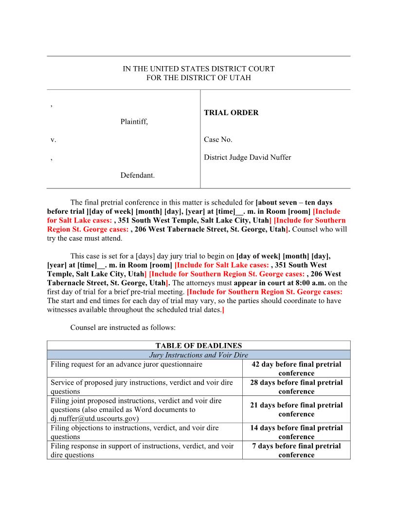Jury Civil Trial Order (Judge Nuffer) {JCTO-JN} | Pdf Fpdf Docx | Utah