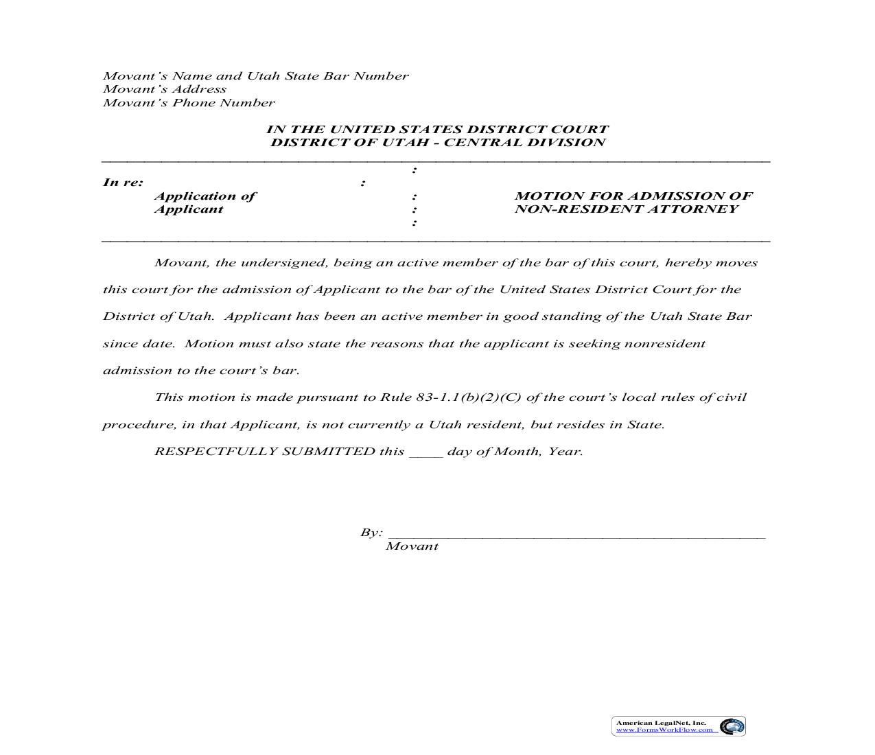 Motion For Admission Of Non-Resident Attorney (Packet) | Pdf Fpdf Doc Docx | Utah