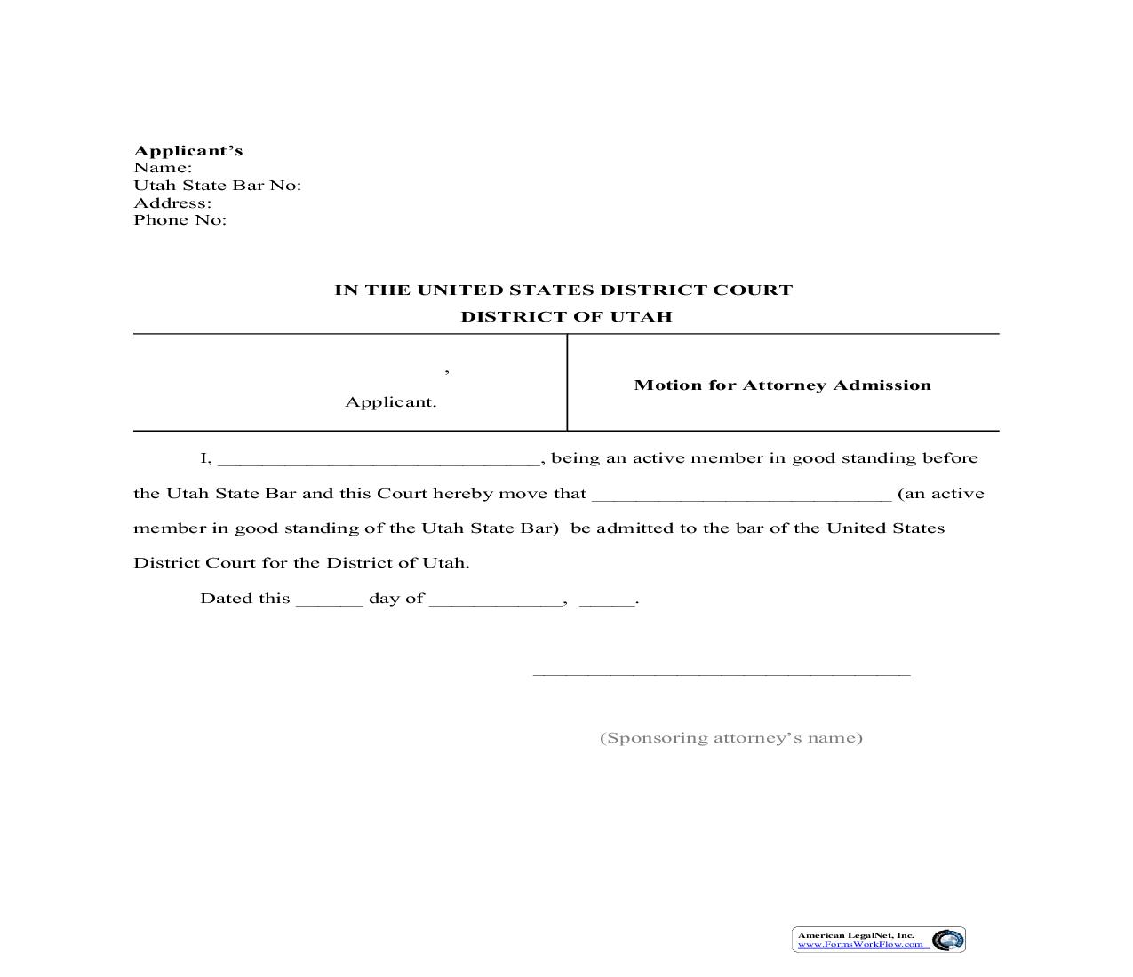 Motion For Attorney Admission (Packet) | Pdf Fpdf Doc Docx | Utah