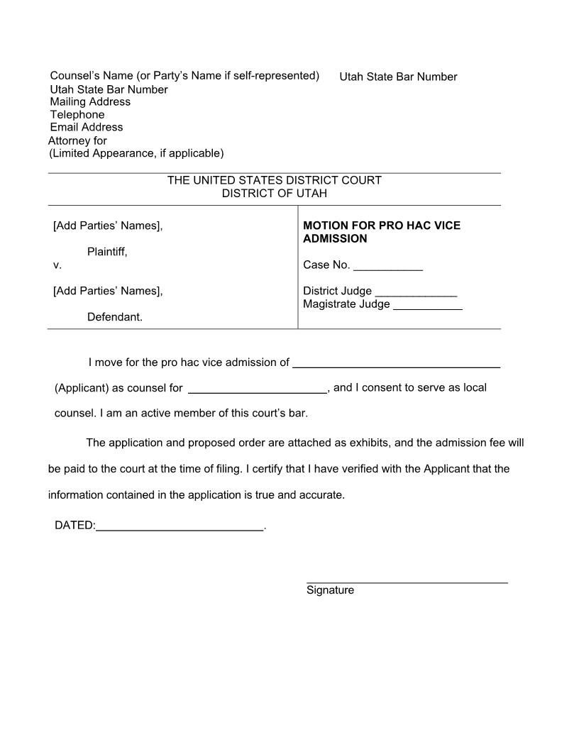 Motion For Pro Hac Vice Admission {MPHVA} | Pdf Fpdf Docx | Utah