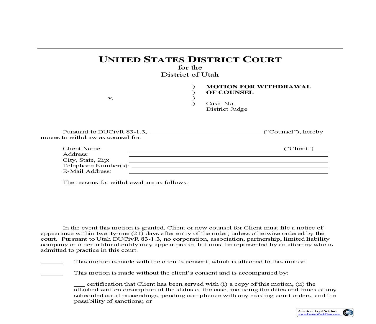 Motion For Withdrawal Of Counsel | Pdf Fpdf Doc Docx | Utah