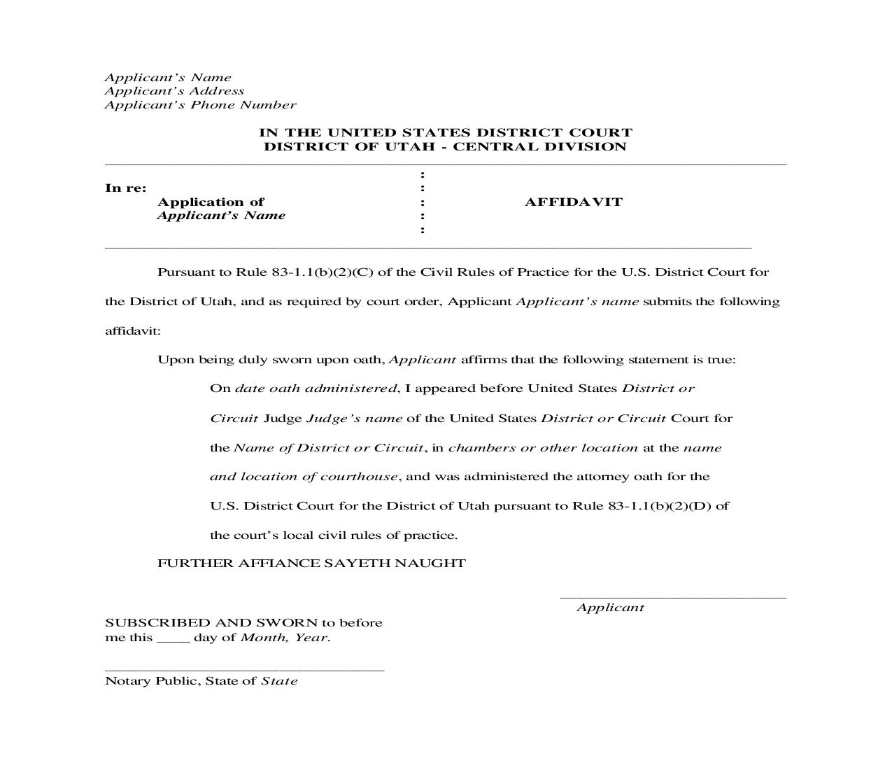 Non Resident Attorney Affidavit (Sample And Form) | Pdf Fpdf Doc Docx | Utah