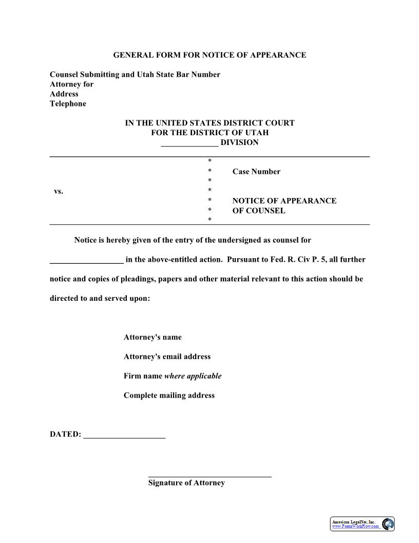 Notice Of Appearance Of Counsel | Pdf Fpdf Docx | Utah
