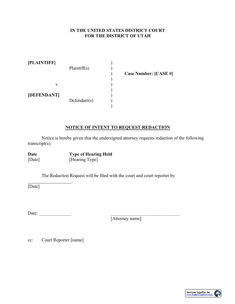 Notice Of Intent To Request Redaction | Pdf Fpdf Docx | Utah