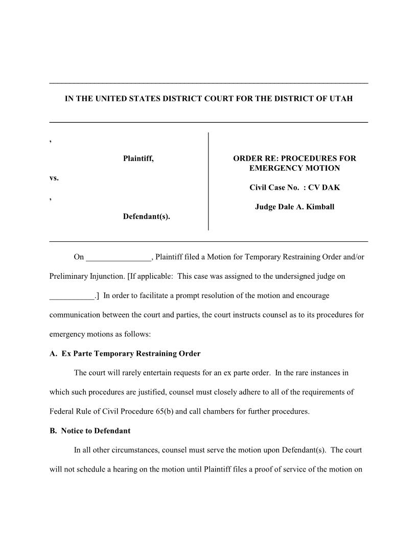 Order Re Procedures For Emergency Motion (Judge Kimball) {ORPEM-JK} | Pdf Fpdf Docx | Utah