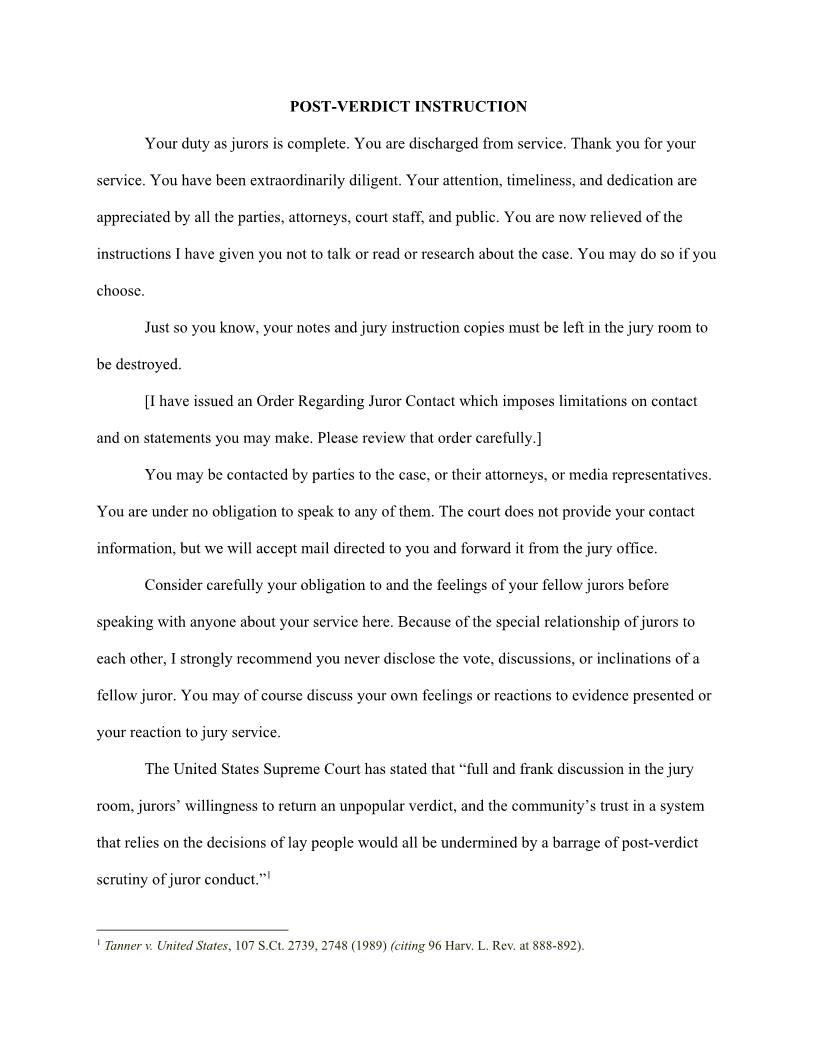 Post-Verdict Instruction (To Jurors) (Judge Nuffer) {PVI-JN} | Pdf Fpdf Docx | Utah