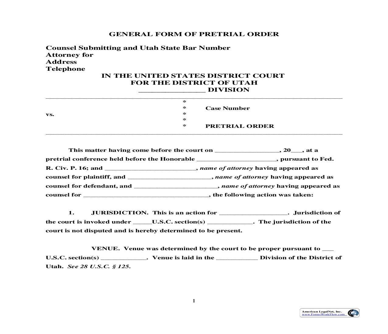 Pretrial Order (General Form) | Pdf Fpdf Doc Docx | Utah
