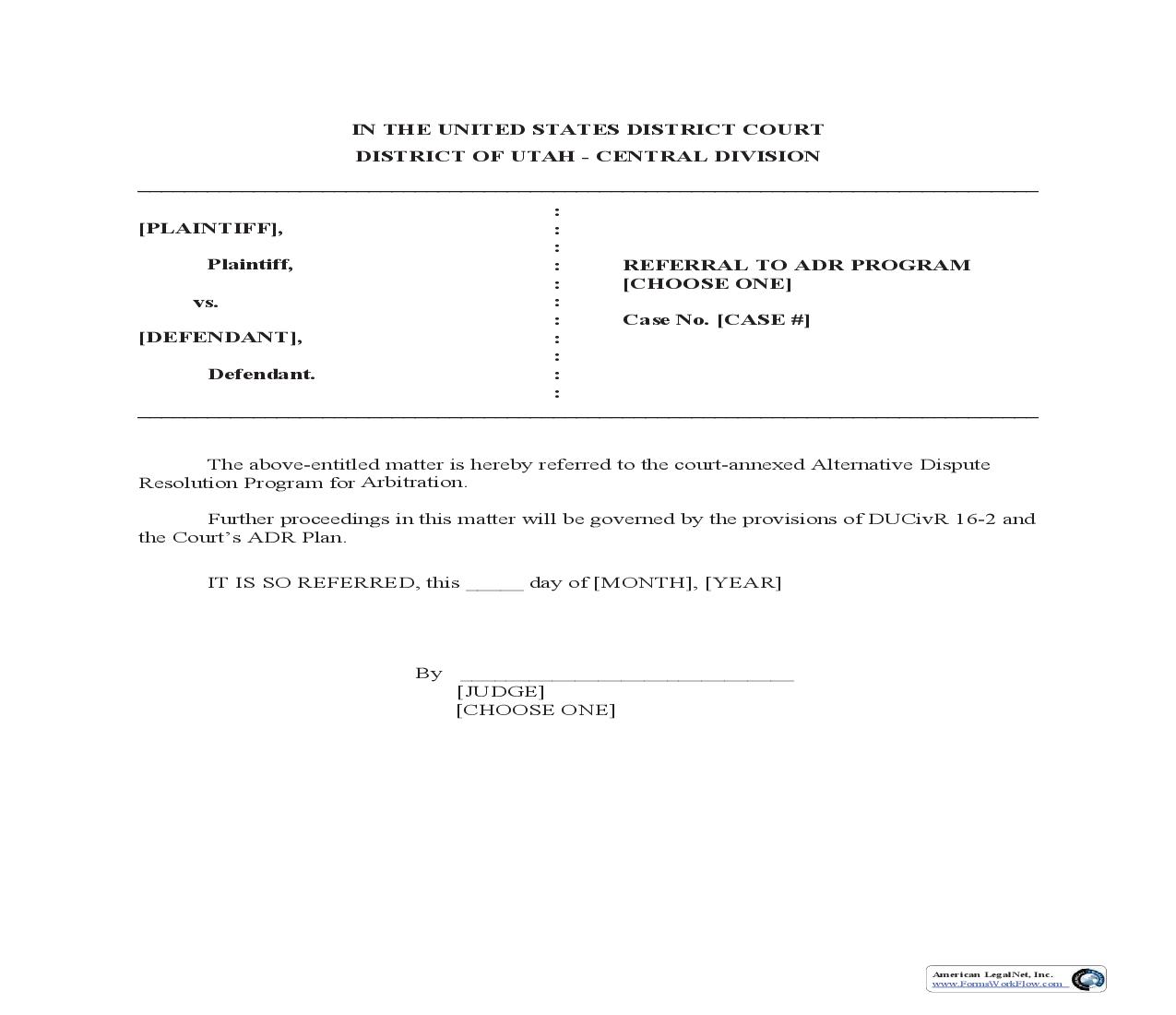 Referral To ADR Program For Mediation Or Arbitration (Sample And Form) | Pdf Fpdf Doc Docx | Utah