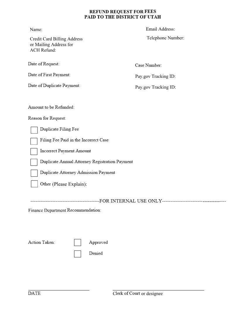 Refund Request For Fees Paid To The District Of Utah {RRFPDU} | Pdf Fpdf Docx | Utah