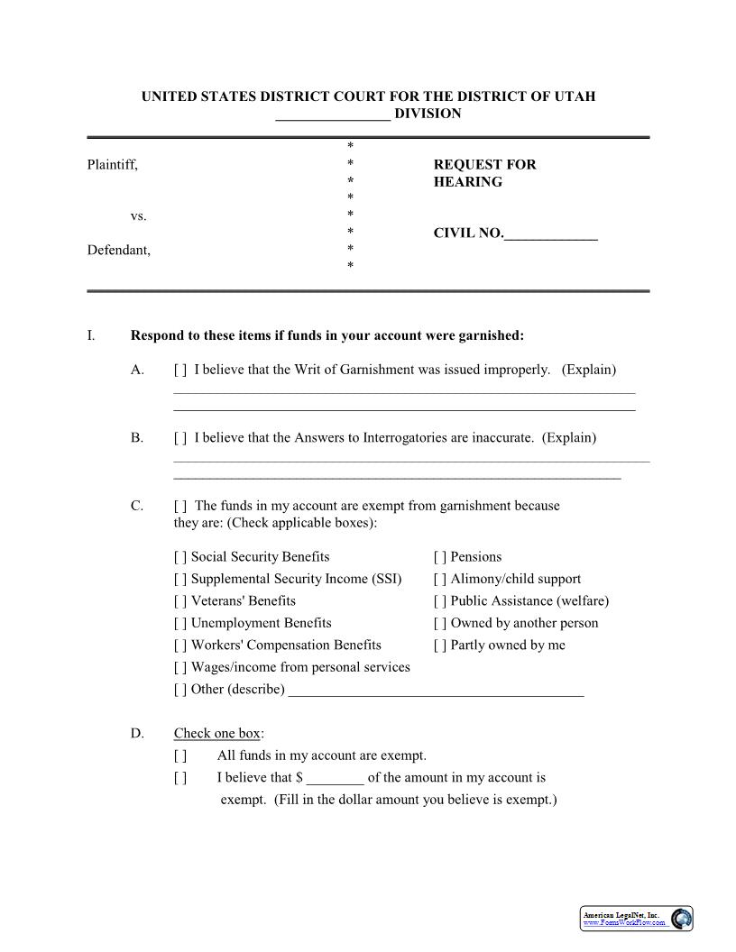 Request For Hearing (Garnishment) | Pdf Fpdf Docx | Utah