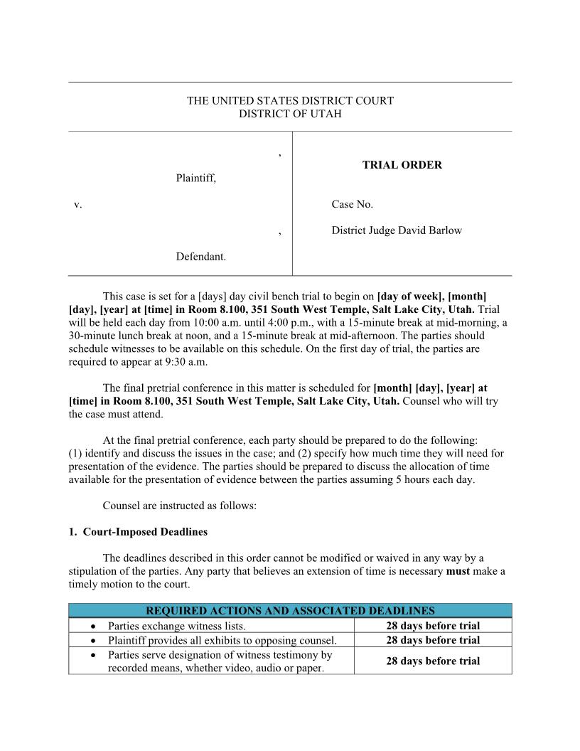 Standard Civil Bench Trial Order (Pretrial) {Judge Barlow) {SCBTO DB} | Pdf Fpdf Docx | Utah