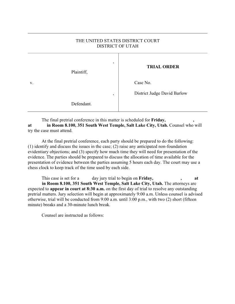 Standard Civil Jury Trial Order (Pretrial) {Judge Barlow) {SCJTO DB} | Pdf Fpdf Docx | Utah