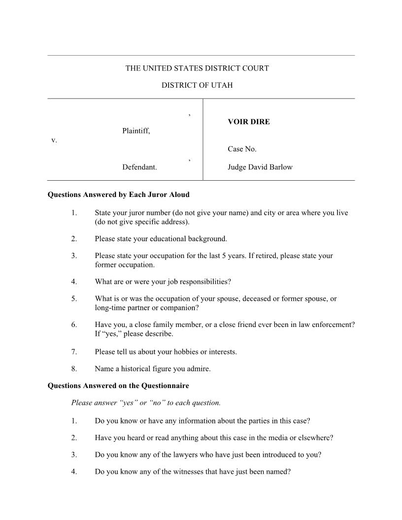 Stock Civil Voir Dire (Judge Barlow) {SCVD DB} | Pdf Fpdf Docx | Utah