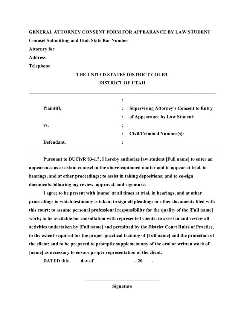 Supervising Attorneys Consent To Entry Of Appearance By Law Student {SACEALS} | Pdf Fpdf Docx | Utah