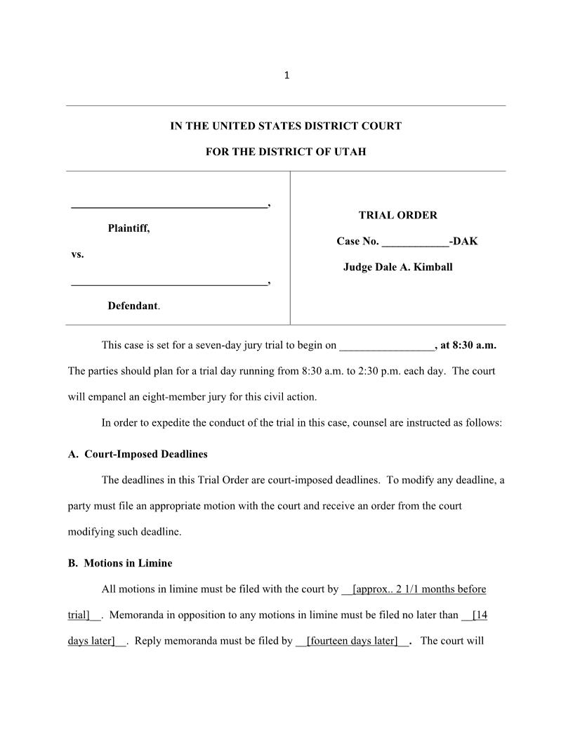 Trial Order (Civil - Judge Kimball) {UTD CTO-DAK} | Pdf Fpdf Docx | Utah