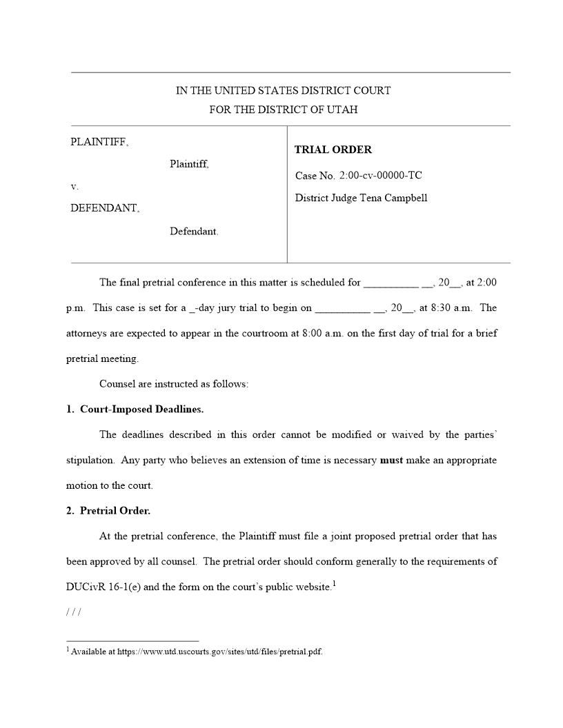Trial Order (Civil) (Judge Campbell) {TO-JC} | Pdf Fpdf Docx | Utah