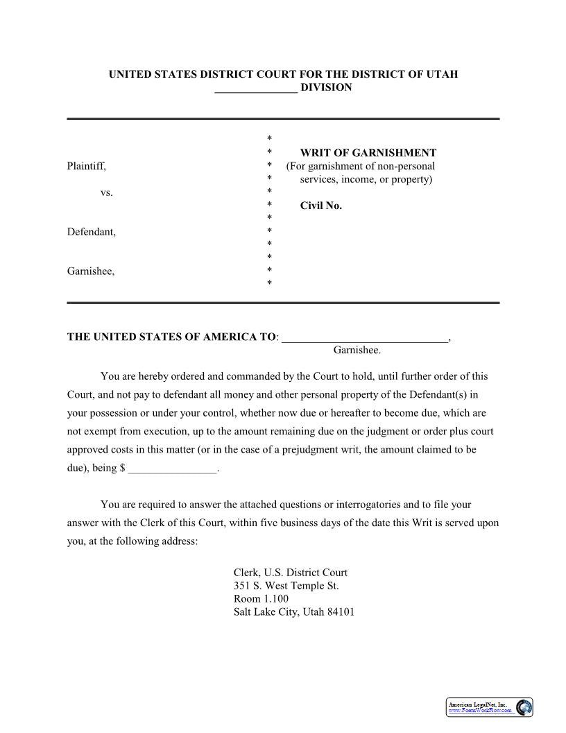 Writ Of Garnishment (Non-Wage) | Pdf Fpdf Docx | Utah