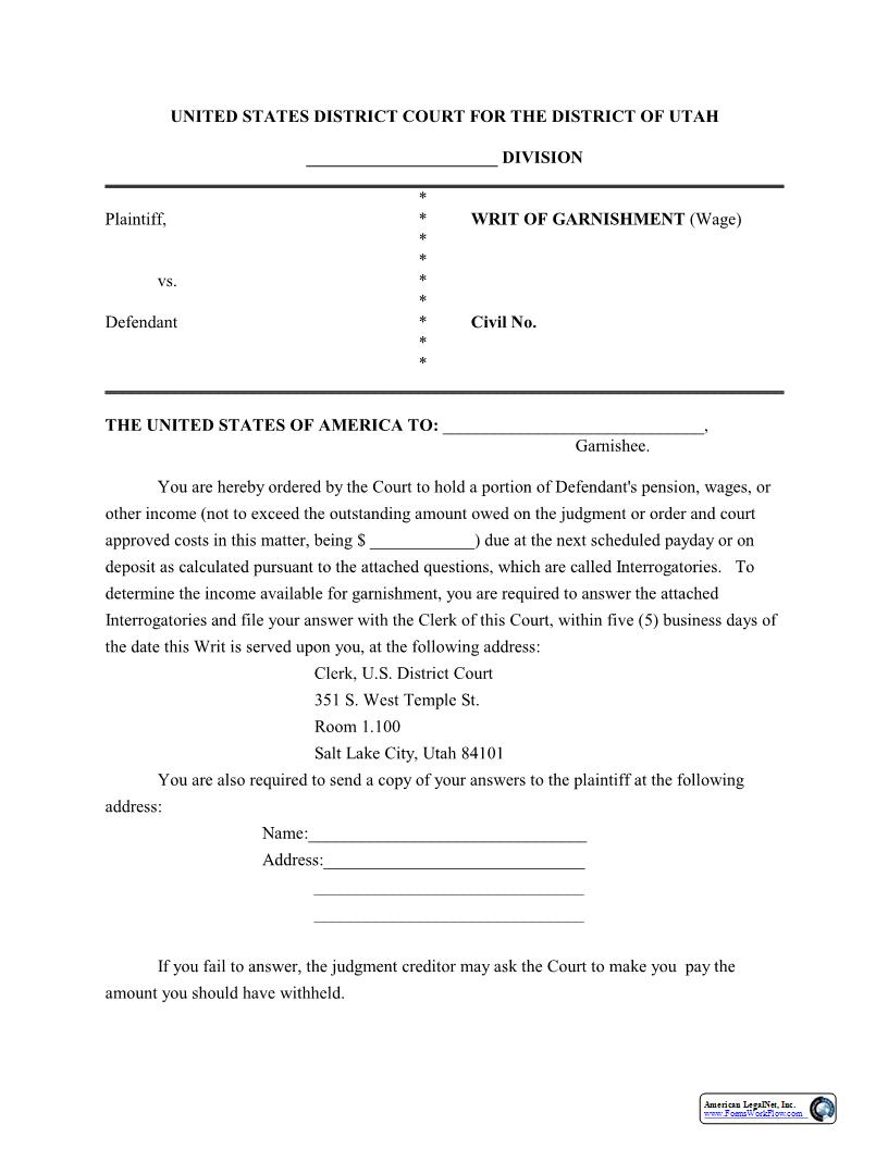 Writ Of Garnishment (Wage) | Pdf Fpdf Docx | Utah