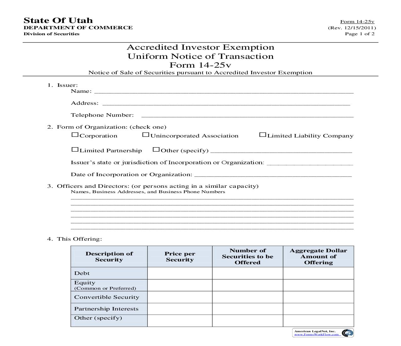 Accredited Investor Exemption Uniform Notice Of Transaction {14-25V} | Pdf Fpdf Doc Docx | Utah