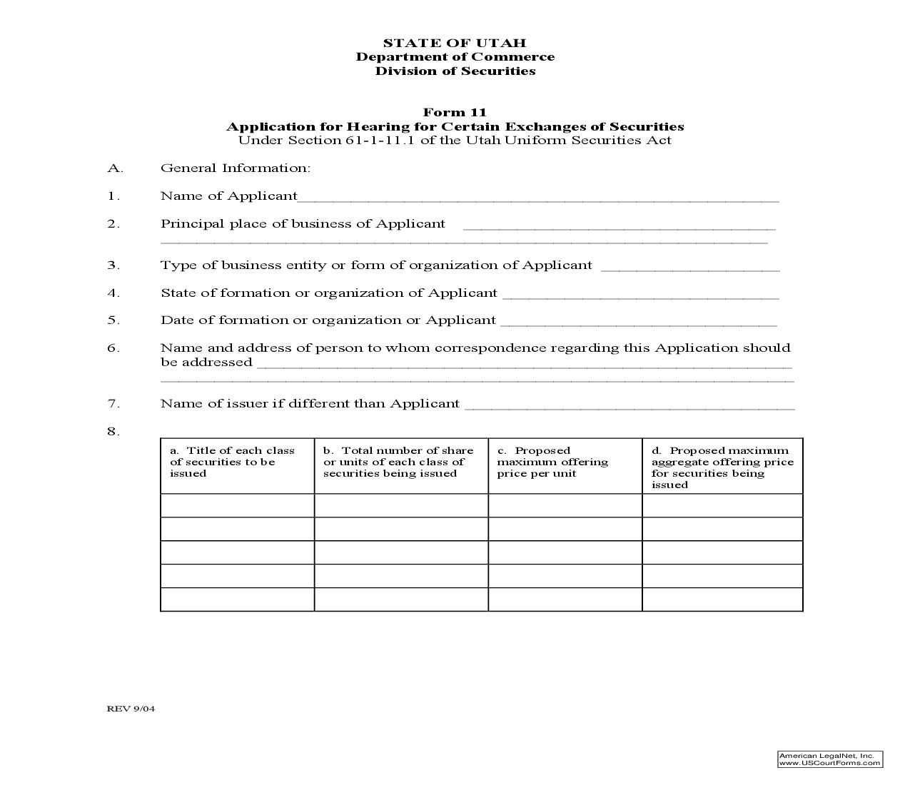 Application For Hearing For Certain Exchanges Of Securities {11} | Pdf Fpdf Doc Docx | Utah