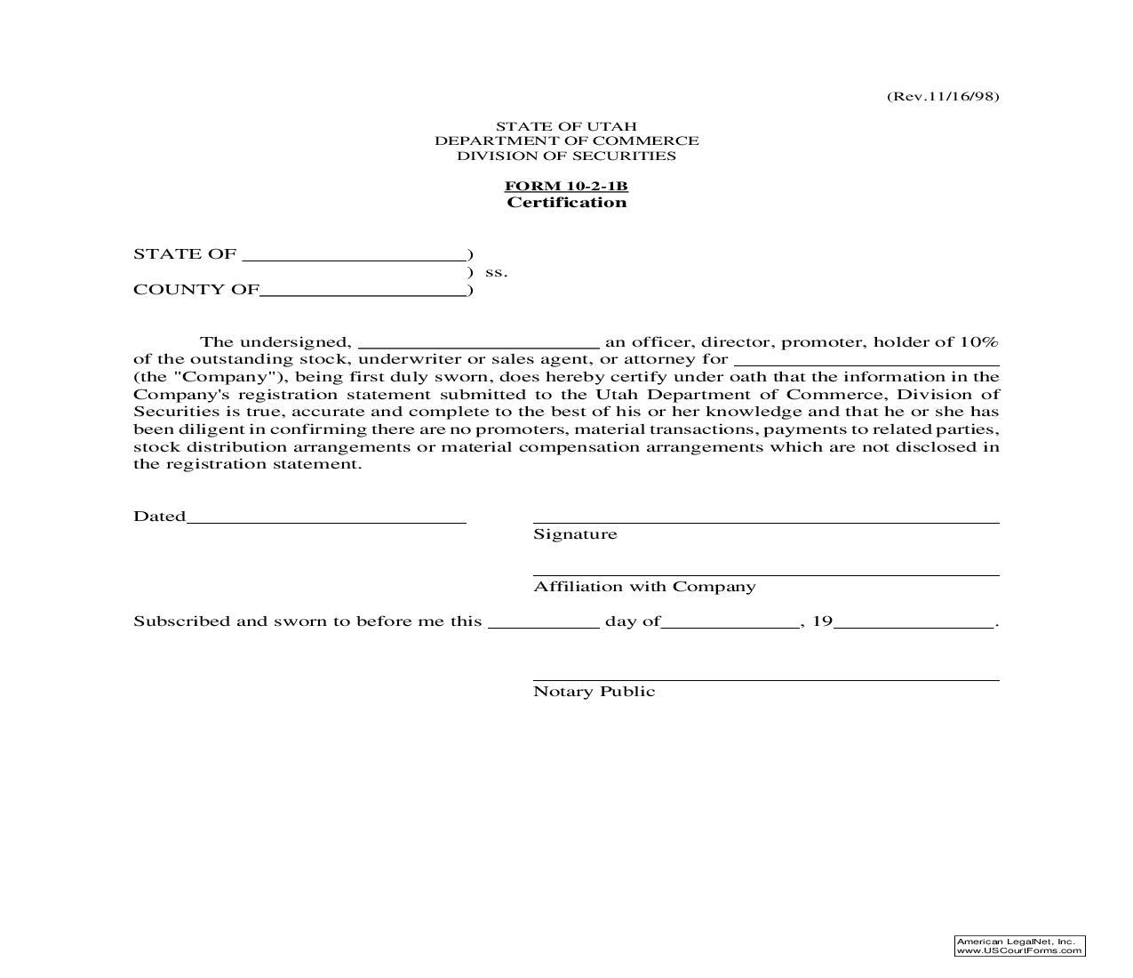 Certification Form {10-2-1B} | Pdf Fpdf Doc Docx | Utah