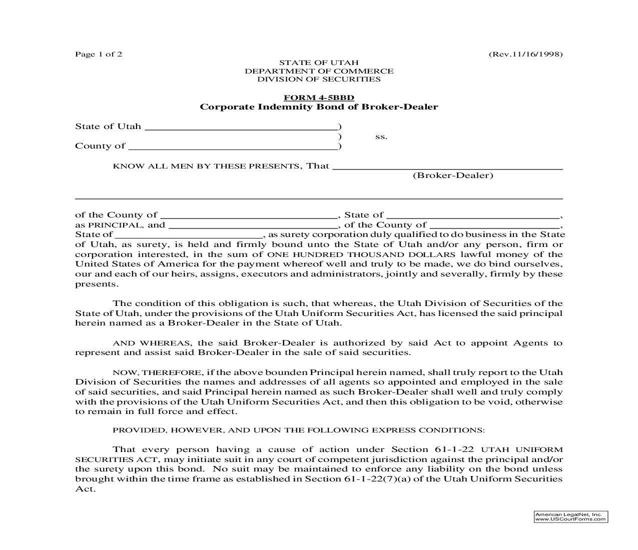 Corporate Indemnity Bond Of Broker-Dealer {4-5BBD} | Pdf Fpdf Doc Docx | Utah