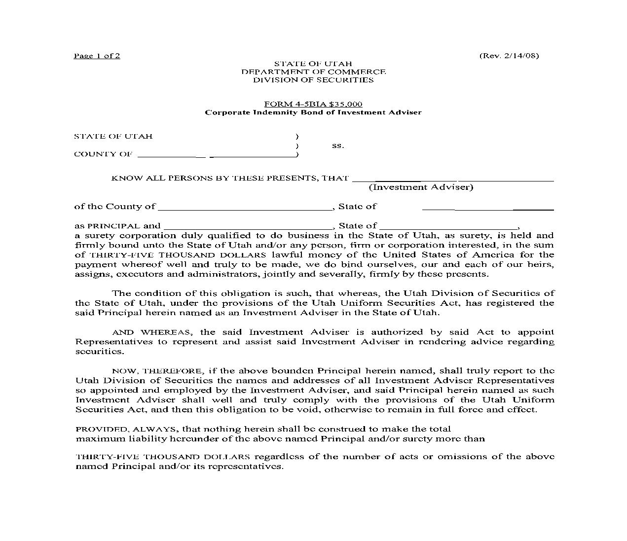 Corporate Indemnity Bond Of Investment Adviser (With Custody) {4-5BIA} | Pdf Fpdf Doc Docx | Utah