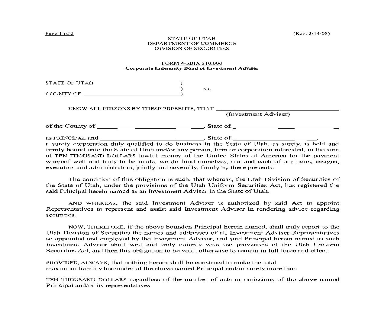Corporate Indemnity Bond Of Investment Adviser (With Discretion) {4-5BIA} | Pdf Fpdf Doc Docx | Utah