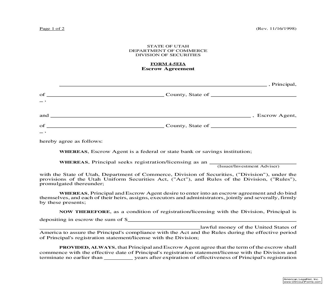 Escrow Agreement {4-5EIA} | Pdf Fpdf Doc Docx | Utah