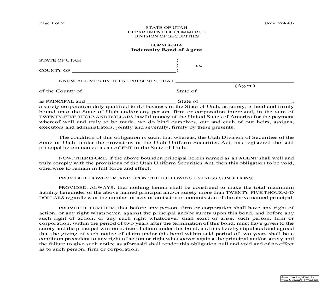 Indemnity Bond Agent {4-5BA} | Pdf Fpdf Doc Docx | Utah